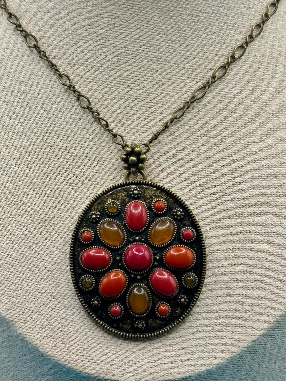 Vtg 70’s Ximara Castro Signed Antique Brass Cabochon Medallion Necklace